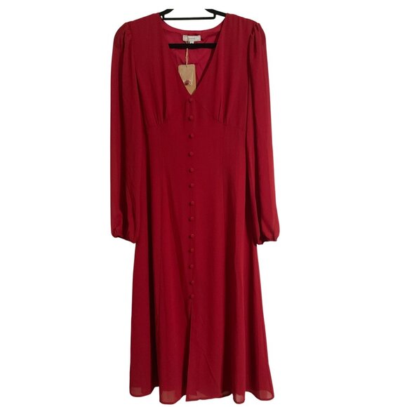 RIHOAS Women's Red V-Neck Puff Sleeve Slit Midi Dress NEW size Medium - Picture 2 of 14